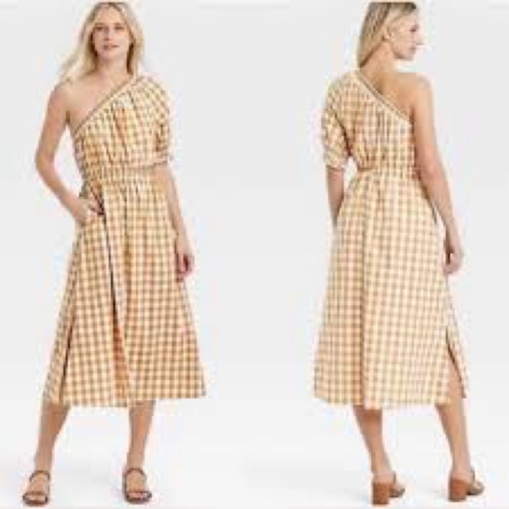 Who What Wear One Shouldered Puff Sleeve Checked Gingham Midi Dress Small
